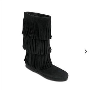 Black fringe Minnetonka boots